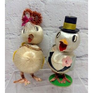 Vtg  Satin Ball Easter Chicks Birds Bride and Groom Cute Couple  Kitschy Japan